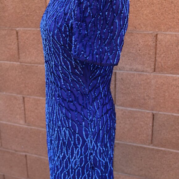 Laurence Kazar Silk Dress Womens SP Royal Blue Sequined Beaded Cocktail 90s - Picture 8 of 15